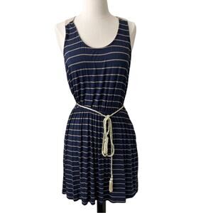 Matty M Scoop Neck Sleeveless Tassel Belt Dress midnight navy blue tan stripe